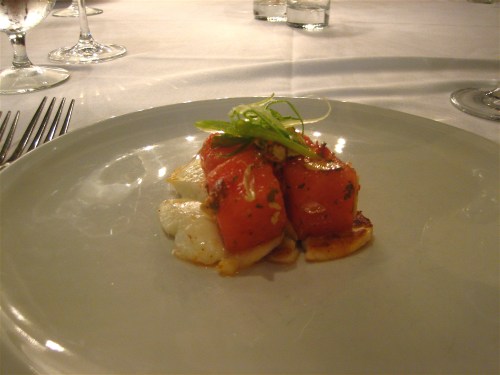 Haloumi and melon with mints, almonds and scallions