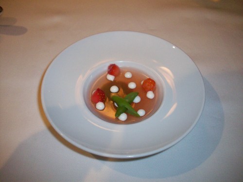 Strawberry tomato gelée with Parmesan and haricot verts