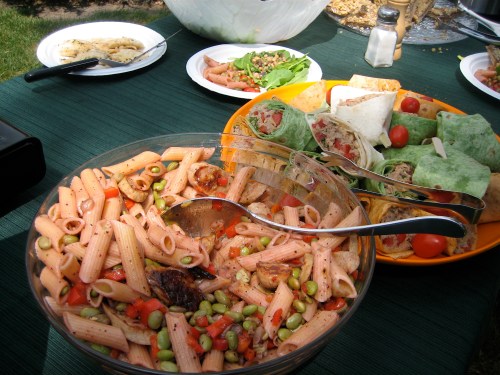 Soy lunch on the farm by Chef Terrie Kohl of Country Club Market; warm bean and arugula salad, soy pasta salad with edamam and tuna and bean wraps 