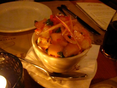 Shrimp, melon, chiles and mint antipasti