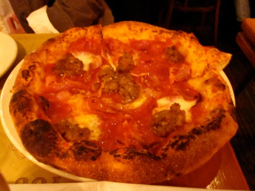 Bacon, salami, fennel sausage, pancetta, tomato and mozzarella..yes all on one pizza